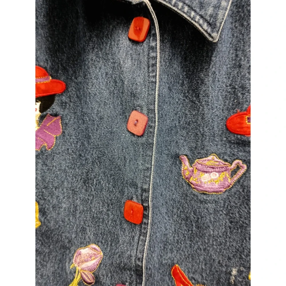 VTG 90s Keren Hart  Denim Jacket Womens Medium Blue Red Hat Embroidered Artsy